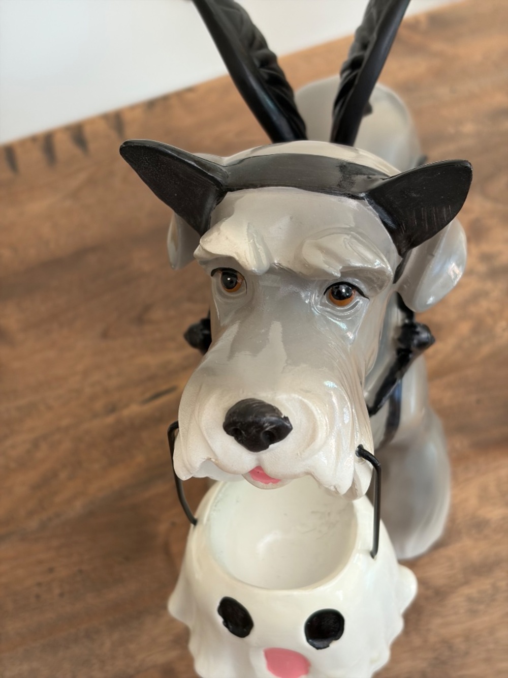 Halloween Schnauzer Dog Holding Ghost Bucket in Bat Costume Decor Figure - Picture 7 of 7